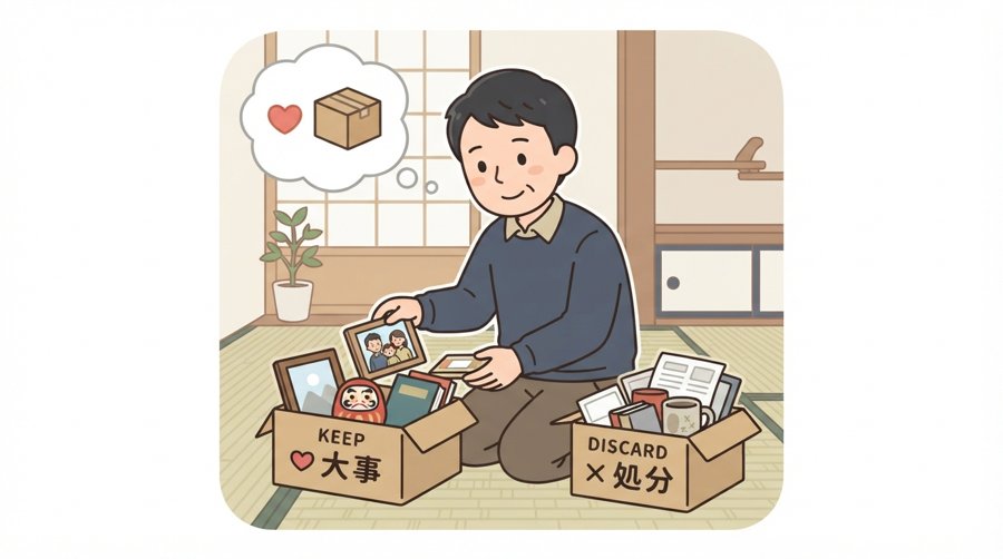 遺品を仕分けしながら整理する様子